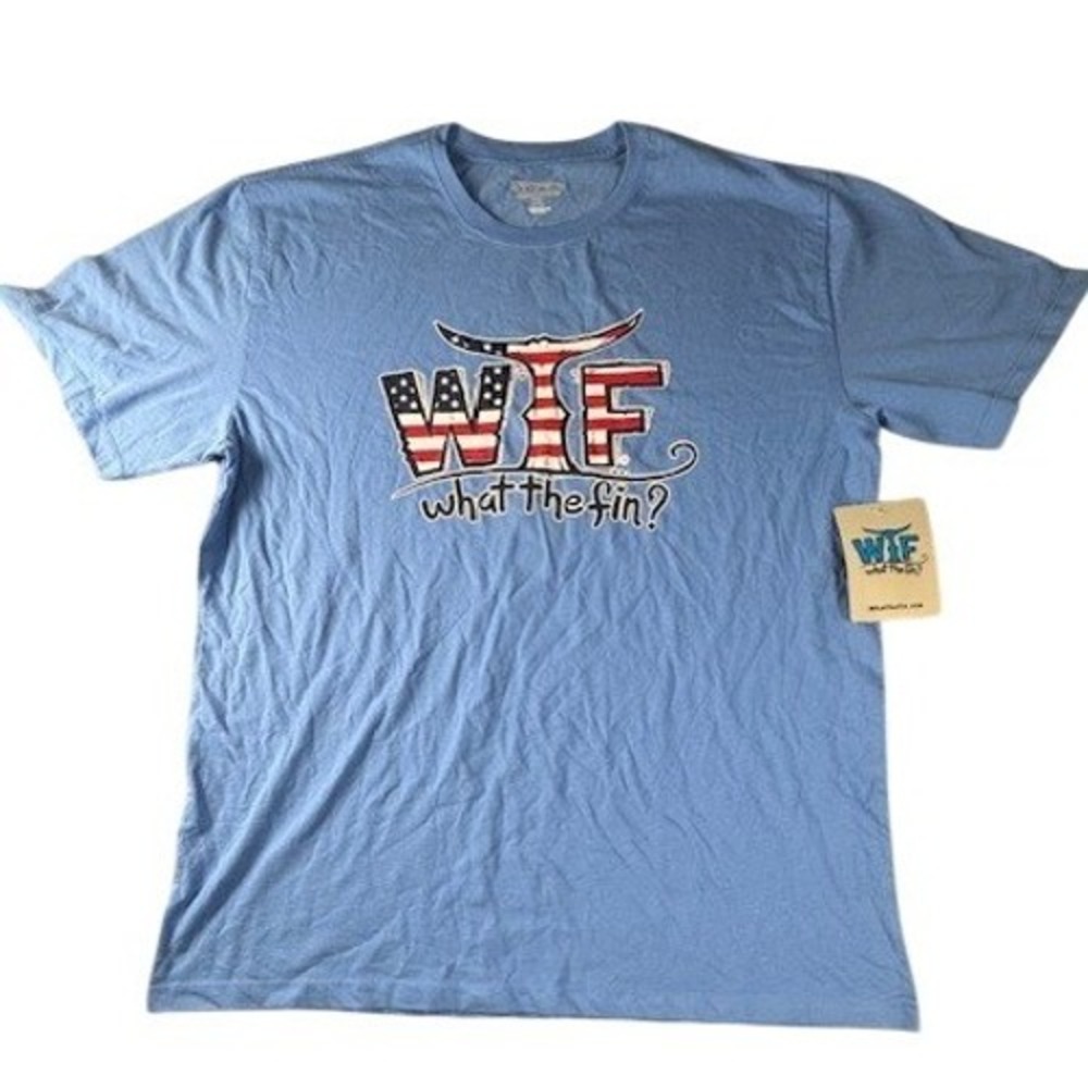 What The Fin T-Shirt Mens XL Classic Logo USA Azure Blue Performance Cotton Tee